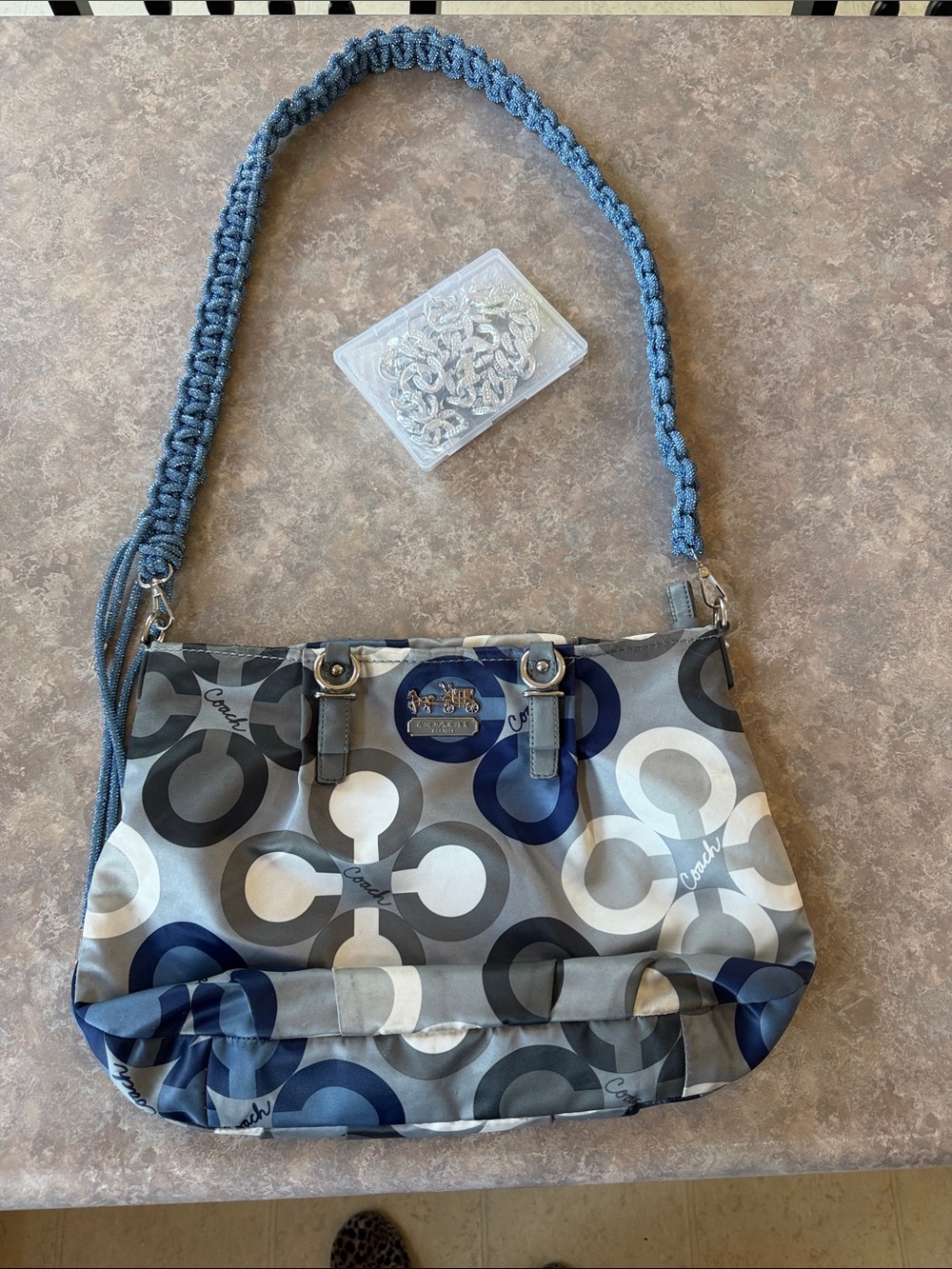 Coach Blue, Gray & White Shoulder Bag with Rhinestone Braided Strap